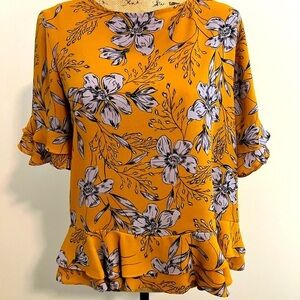 Floral Ruffle Sleeve Top - Mustard and Gray